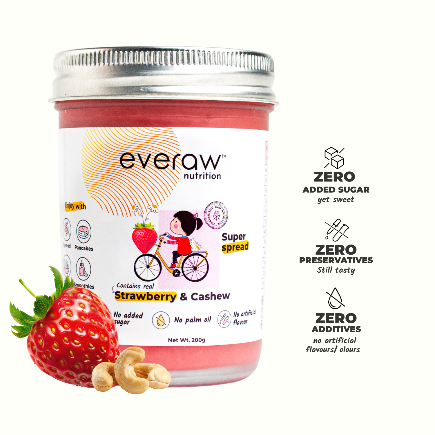 Everaw Strawberry Cashew Butter jar, clean label nut and fruit spread made with real strawberries and cashews, no added sugar, no palm oil and no preservatives, healthy spread for kids and adults