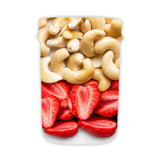 Everaw Strawberry Cashew Butter ingredient breakdown showing real strawberries and cashews, clean label spread with no added sugar, no palm oil and no preservatives