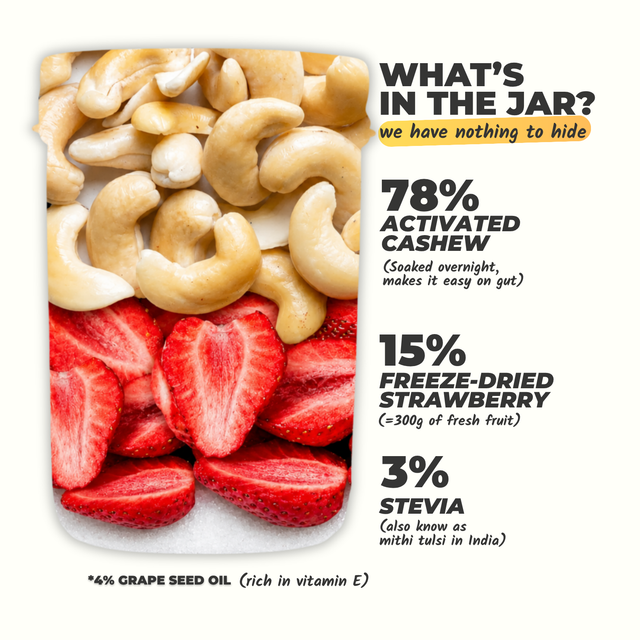Everaw Strawberry Cashew Butter ingredient breakdown, real strawberries and cashews and nothing artificial, high protein clean label spread
