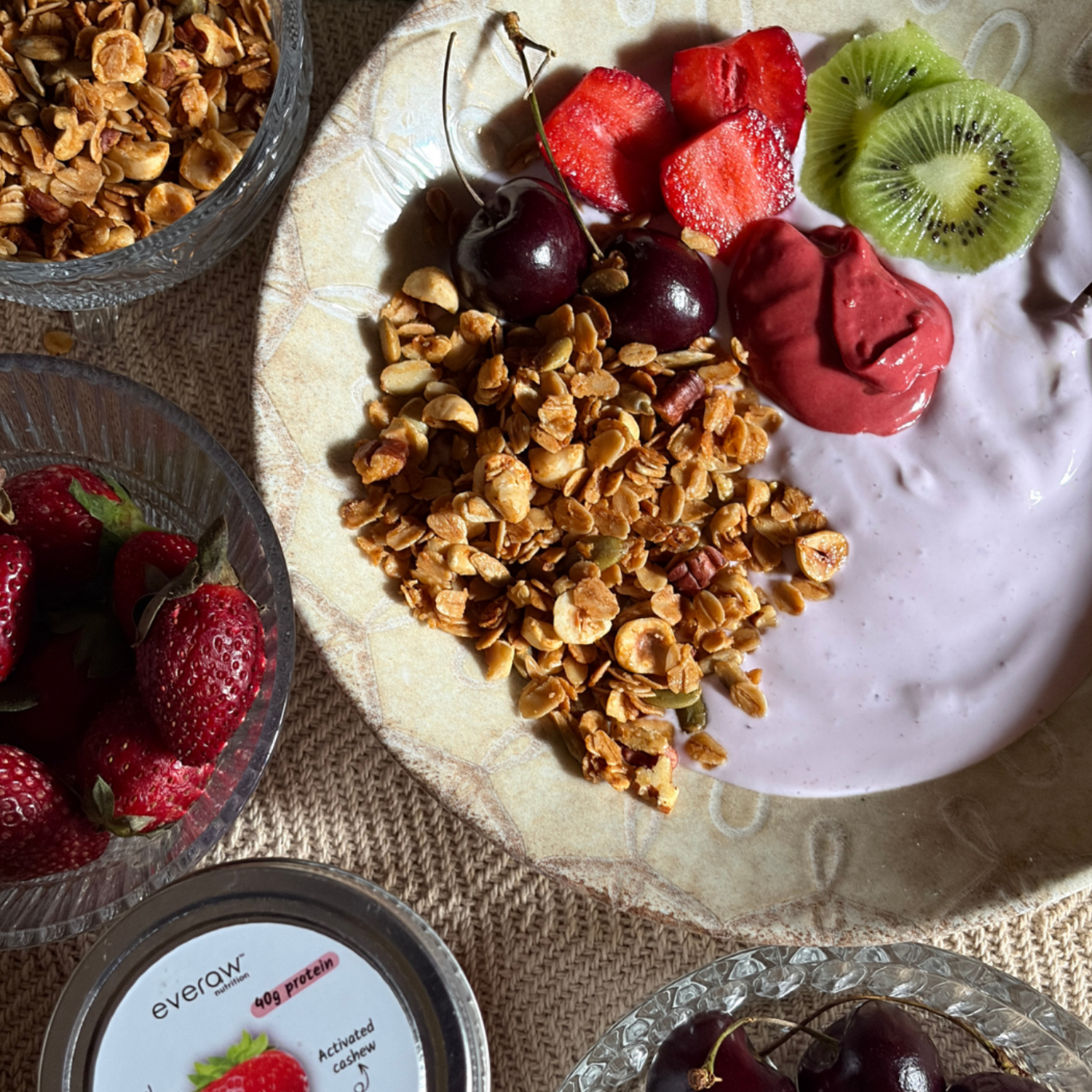 How to use Everaw Strawberry Cashew Butter, spread it on toast, top your bowl or mix into smoothies and desserts, versatile real fruit and nut spread