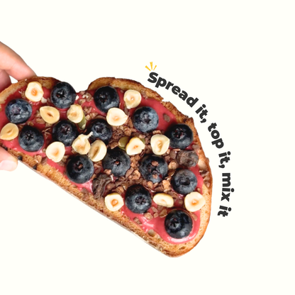 How to use Everaw Strawberry Cashew Butter, spread it on toast, top your bowl or mix into smoothies and desserts, versatile real fruit and nut spread