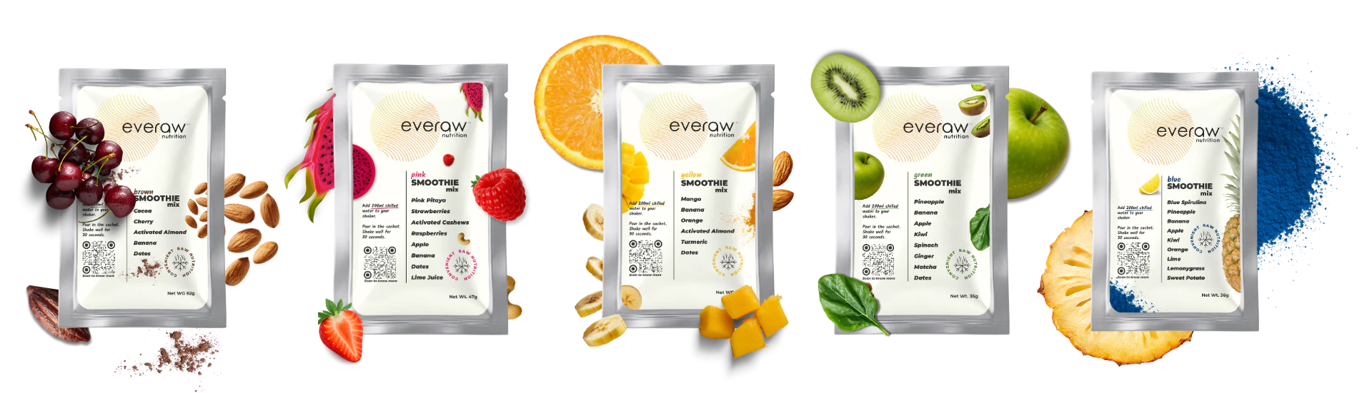 The Everaw Super Smoothie Mix range of five sachets with the real fruit, nuts and superfoods that go into each flavour
