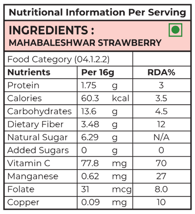 Nutritional info for freeze dried Mahabaleshwar Strawberry snack